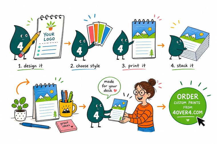 Wally, the 4OVER4 mascot with a 4, dividing a notepad sheet into a glue band, a header, a clear writing field and a footer bar with a phone number