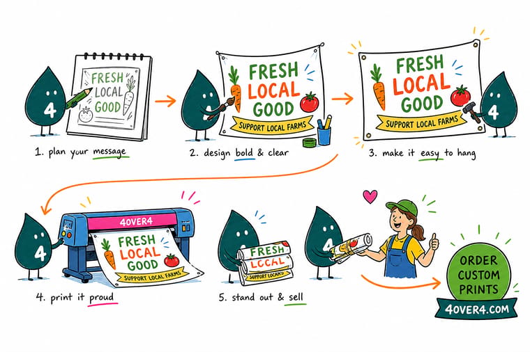 Wally, the 4OVER4 mascot with a 4, tying a mesh banner across the back wall of a farmers market canopy above crates of produce