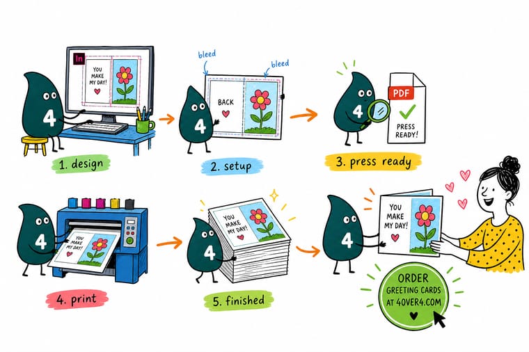 Wally, the 4OVER4 mascot with a 4, setting up an InDesign greeting card document with bleed guides and a fold line