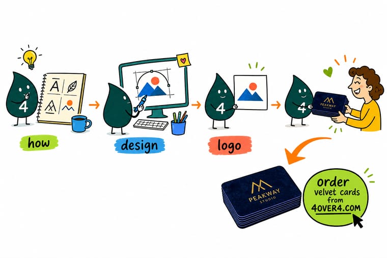 Wally, the 4OVER4 mascot with a 4, sketching a clean logo that reads sharp at every size