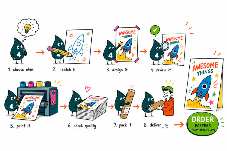Wally, the 4OVER4 mascot with a 4, sketching a poster layout with one big headline and a single call to action