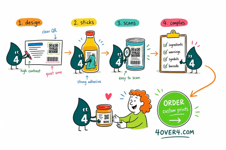 Wally, the 4OVER4 mascot with a 4, laying out a bottle back label with the ingredient block, a barcode and a blank date code box