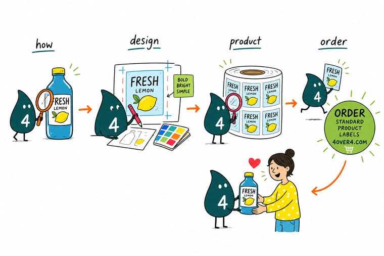 Wally, the 4OVER4 mascot with a 4, ranking the elements on a product label so the brand name reads first