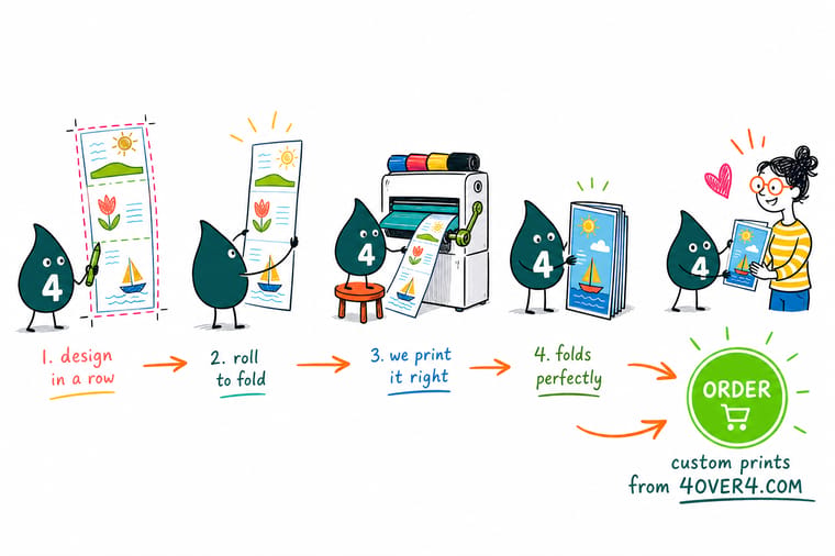 Wally, the 4OVER4 mascot with a 4, rolling a four panel brochure closed and measuring each panel narrower than the one wrapping it