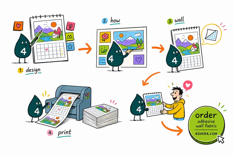 Wally, the 4OVER4 mascot, holding up a hanging wall calendar leaf and pointing at the date grid