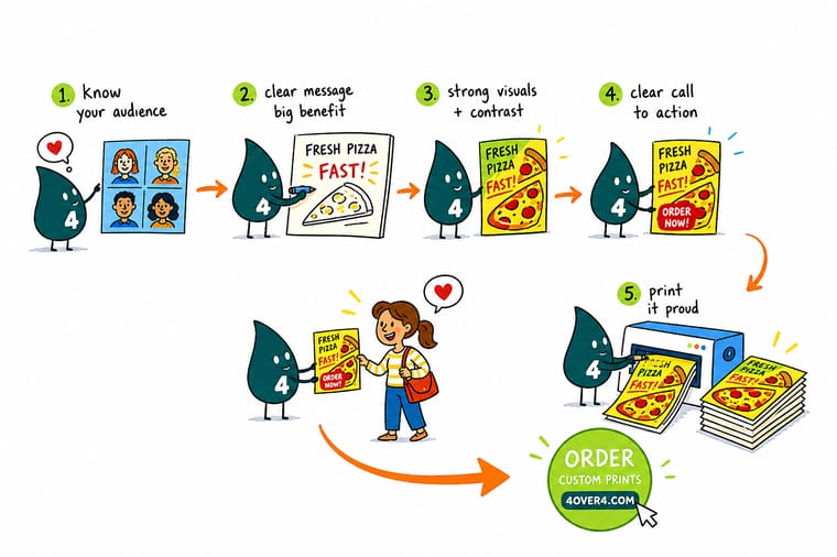Wally, the 4OVER4 mascot with a 4, holding up an advertising flyer with a giant offer at the top, one photo in the middle and a dated coupon at the foot