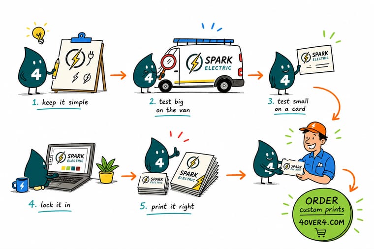 Wally, the 4OVER4 mascot with a 4, holding an electrician logo of a bolt inside a bulb up against a van door, a yard sign and a business card to check it reads at every size