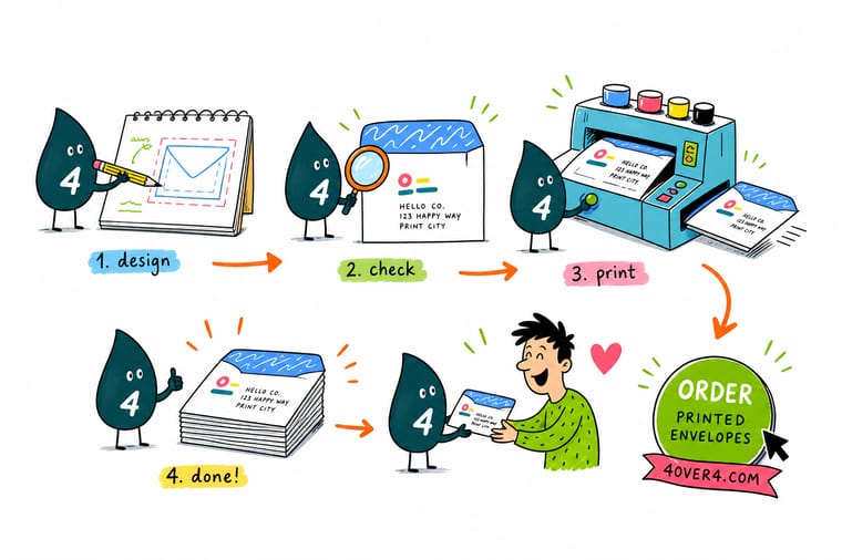 Wally, the 4OVER4 mascot holding a 4, placing a return address top-left on a #10 envelope while keeping the lower-right delivery zone clear, with an order tag
