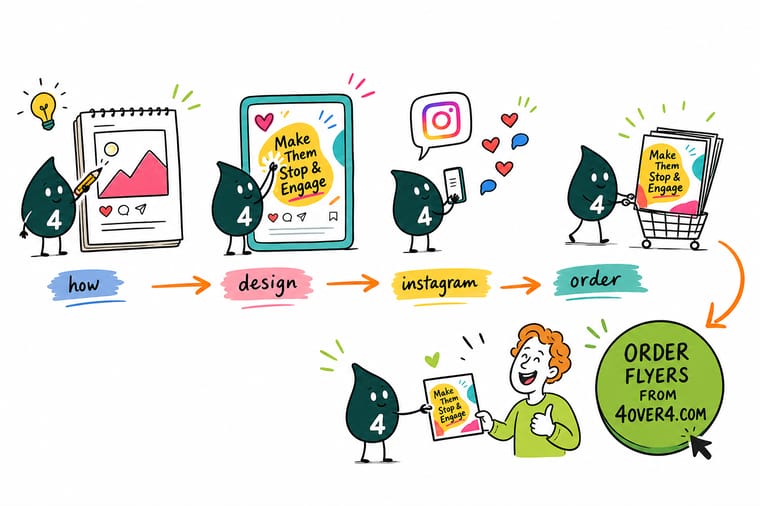Wally, the 4OVER4 mascot with a 4, holding a phone showing an on-brand Instagram post that becomes a printed flyer