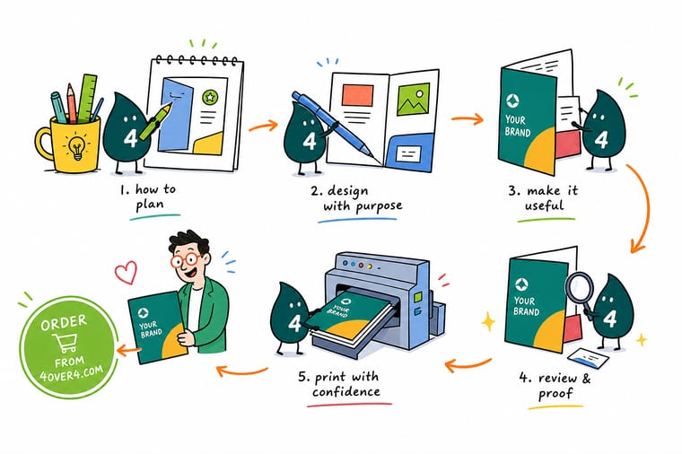 Wally, the 4OVER4 mascot, holding an open company folder and pointing at the dieline, the pocket, and the glue tab