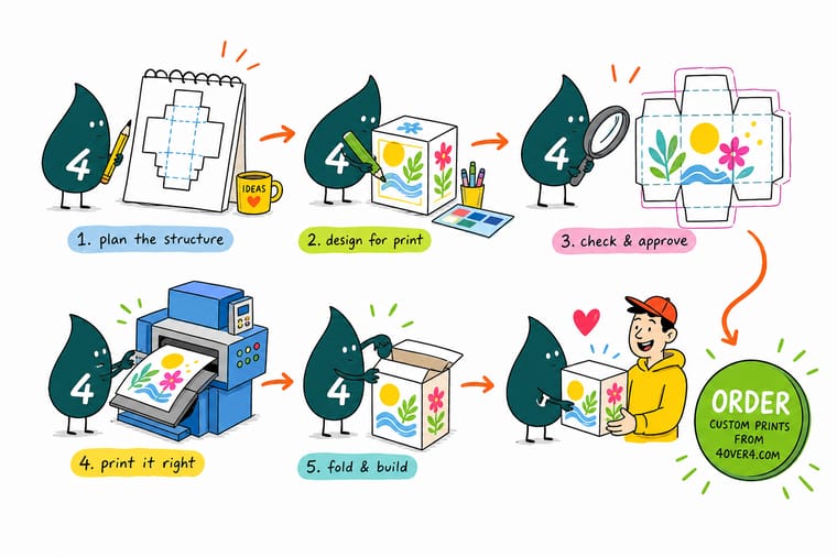 Wally, the 4OVER4 mascot with a 4, unfolding a cardboard box flat on a bench and marking the cut lines, crease lines and bleed on the dieline