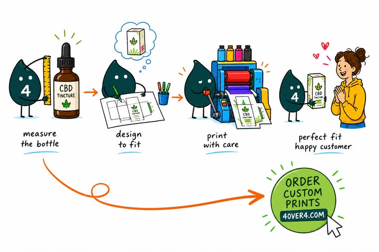 Wally, the 4OVER4 mascot with a 4, holding a caliper against a capped CBD dropper bottle while a tuck carton and a vinyl label wait on the bench
