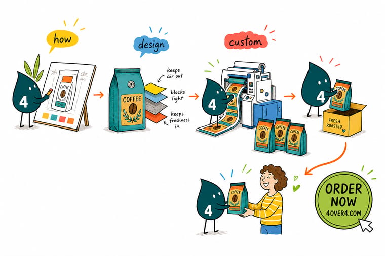 Wally, the 4OVER4 mascot with a 4, holding a coffee bag and pointing at the one way valve while a printed label, tissue and mailer box wait beside it