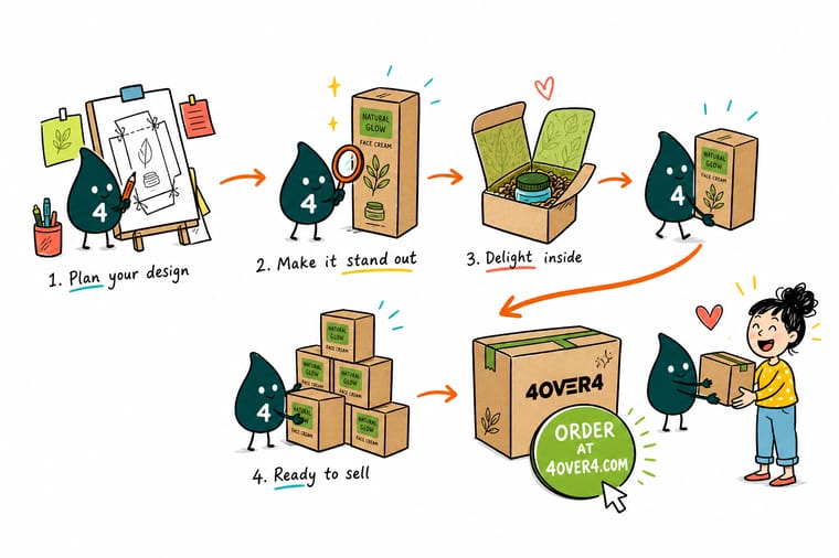 Wally, the 4OVER4 mascot, holding a folded cosmetic carton and pointing at the dieline creases before the artwork is applied