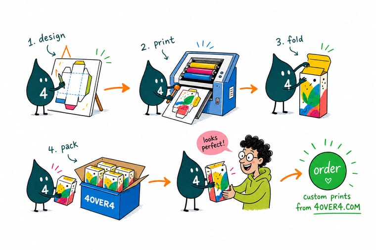 Wally, the 4OVER4 mascot with a 4, unfolding a printed retail carton flat to show the dieline with cut lines, score lines and a bare glue flap