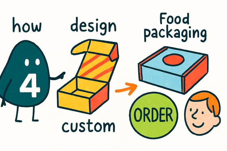 Wally, the 4OVER4 mascot holding a 4, folding a branded food box along its dieline while an orange arrow points to a green order button