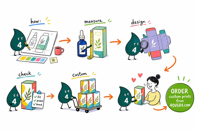 Wally, the 4OVER4 mascot with a 4, folding a flat skincare carton dieline and checking that the ingredient panel is the right way up