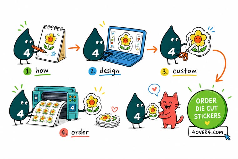 How To Design Custom Stickers Step By Step explained by Wally, the 4OVER4 mascot holding a 4
