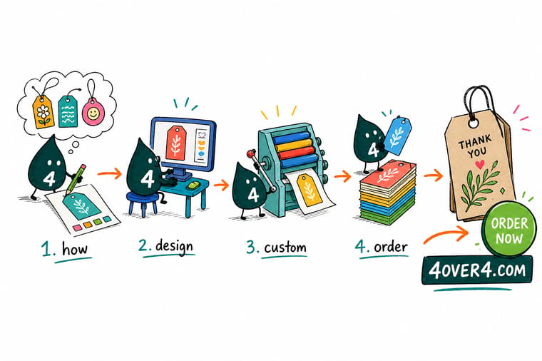 How To Design Custom Tags That Sell Your Brand explained by Wally, the 4OVER4 mascot holding a 4