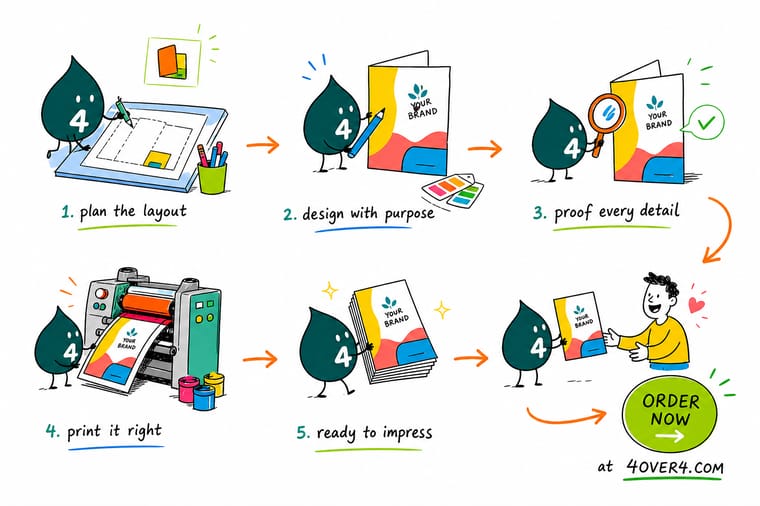 Wally, the 4OVER4 mascot with a 4, laying artwork onto a flat folder die line and pointing at the pocket flap and the diagonal business card slit