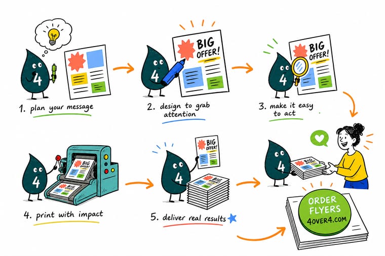 Wally, the 4OVER4 mascot with a 4, sketching a flyer with one bold headline, one image, and a clear call to action