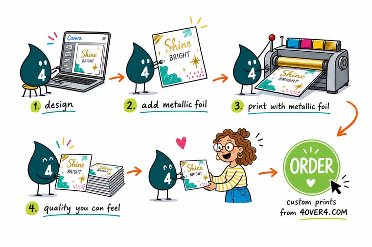 Wally, the 4OVER4 mascot with a 4, holding two Canva pages side by side, the colour postcard in one hand and the black foil layer in the other, with a foil die above them