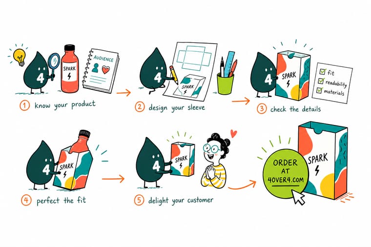 Wally, the 4OVER4 mascot with a 4, sketching a dieline and wrapping a product in branded packaging