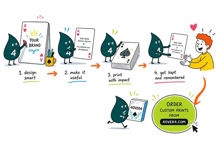 Wally, the 4OVER4 mascot with a 4, fanning a hand of portrait business cards cut like playing cards with rounded corners
