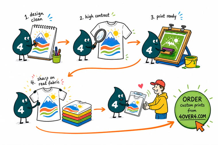 Wally, the 4OVER4 mascot with a 4, holding a tape measure against a t-shirt collar seam and marking where the chest graphic starts