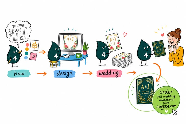 Wally, the 4OVER4 mascot with a 4, designing a wedding invitation suite from a mood board