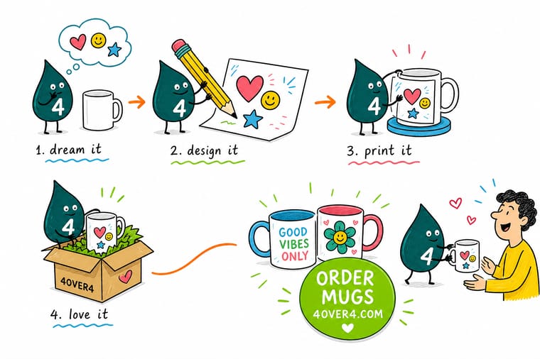 Wally, the 4OVER4 mascot holding a 4, wrapping artwork around a mug and leaving a gap at the handle