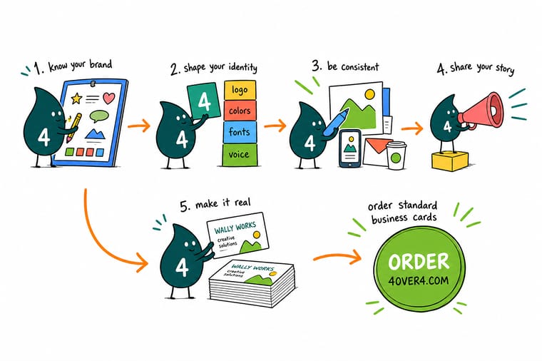 Wally, the 4OVER4 mascot holding a 4, stacking the layers of a branding strategy from values up to a printed business card