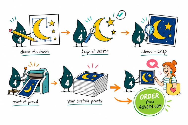 Wally, the 4OVER4 mascot with a 4, sliding one circle across another to carve a crescent moon while scattered stars float around him