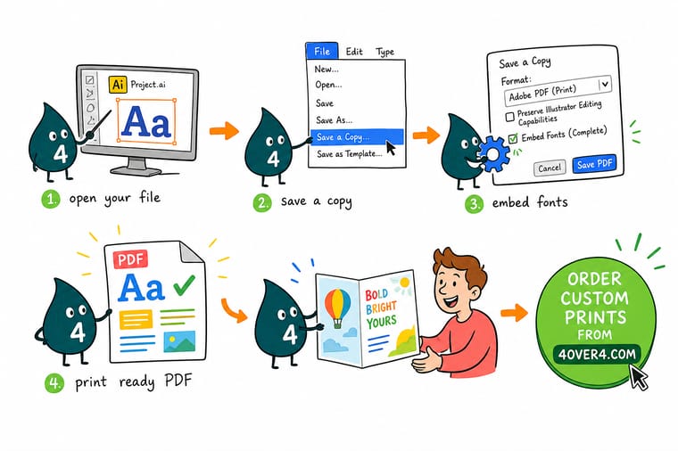 Wally, the 4OVER4 mascot with a 4, packing the letters of a typeface into a PDF envelope before sending it to press