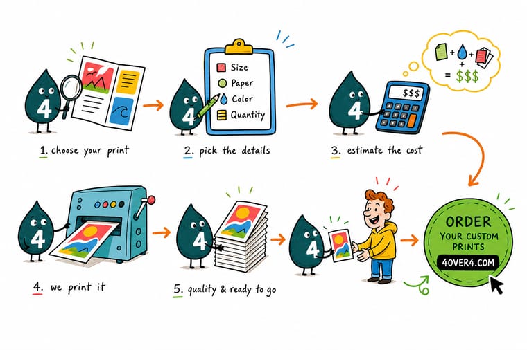 Wally, the 4OVER4 mascot with a 4, walking through the cost estimate step by step: choose the print, pick size, paper, colour and quantity, work out the price on a calculator, then print and order