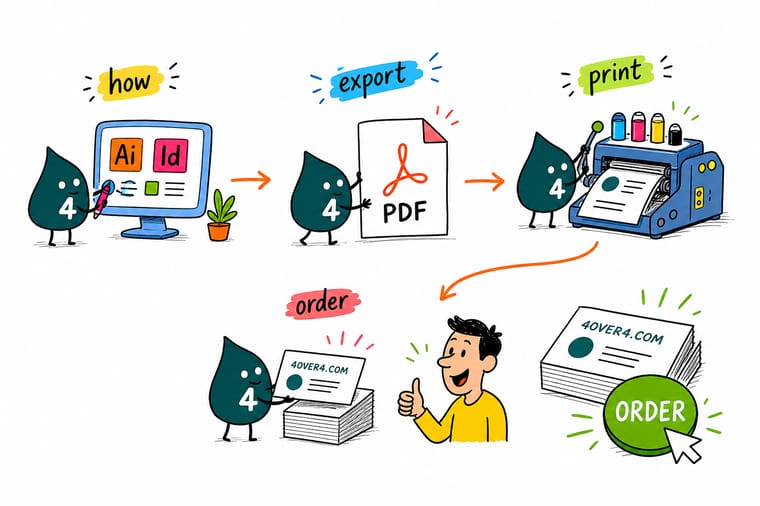 Wally, the 4OVER4 mascot holding a 4, choosing the PDF/X-1a preset with bleed and CMYK in an export dialog and pointing to an order button