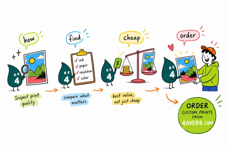 Wally, the 4OVER4 mascot with a 4, comparing two poster quotes side by side and pointing at the quantity column