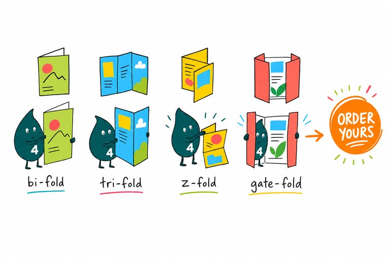 Wally, the 4OVER4 mascot with a 4, demonstrating the bi-fold, tri-fold, Z-fold, and gate fold brochure styles beside an order button