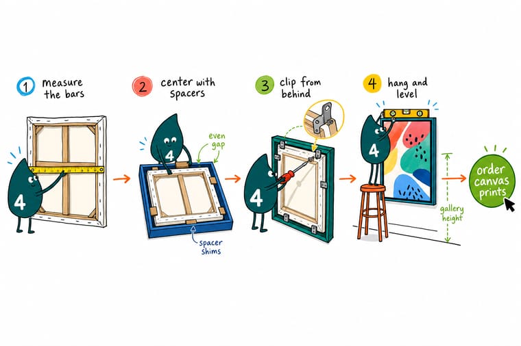Wally, the 4OVER4 mascot with a 4, framing a canvas print and hanging it level on a wall