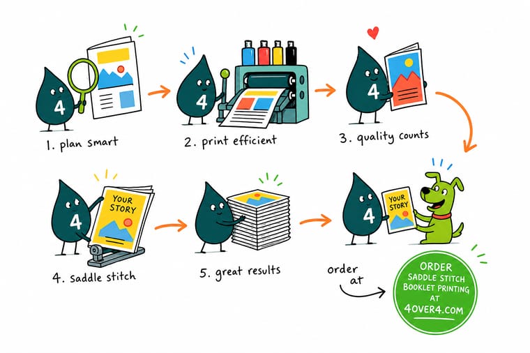 Wally, the 4OVER4 mascot, holding an open saddle stitched booklet and pointing at the folded signature that turns one sheet into four printed pages