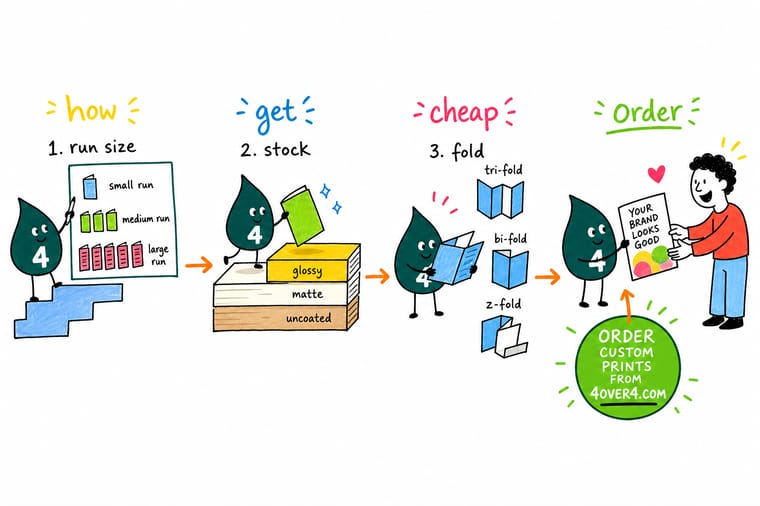 Wally, the 4OVER4 mascot with a 4, sliding a quantity slider along a brochure price ladder and stopping at the point where the line flattens