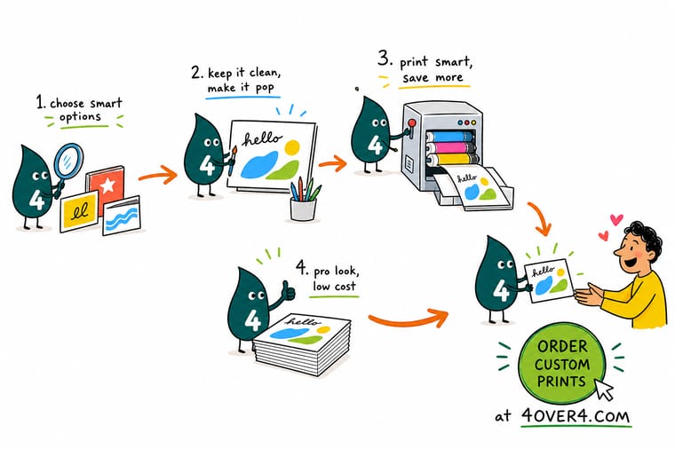 Wally, the 4OVER4 mascot with a 4, laying business cards onto a big press sheet beside other jobs so the run is shared and the price drops