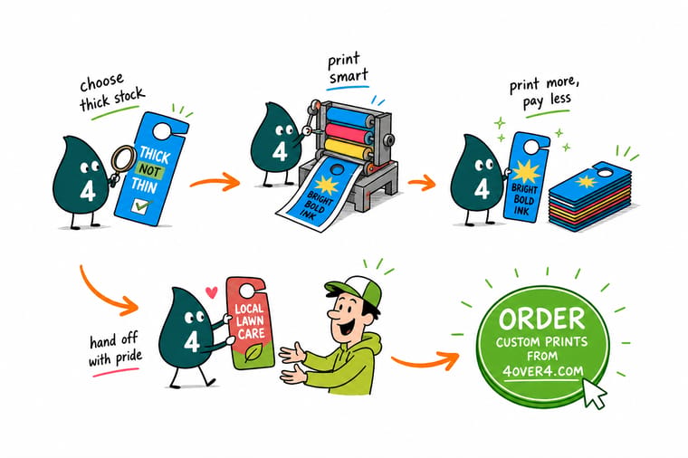 Wally, the 4OVER4 mascot with a 4, weighing a small stack of 250 door hangers against a big stack of 1,000 and pointing at the price tag on each