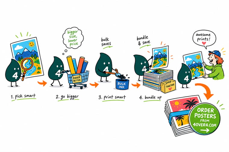 Wally, the 4OVER4 mascot holding a 4, comparing poster sizes and prices on a chart and pointing to an order button