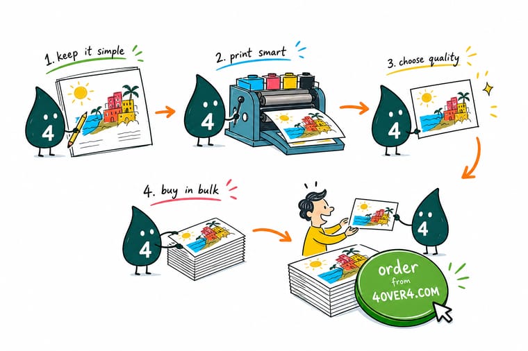 Wally, the 4OVER4 mascot, holding a stack of postcards next to a falling cost per piece chart