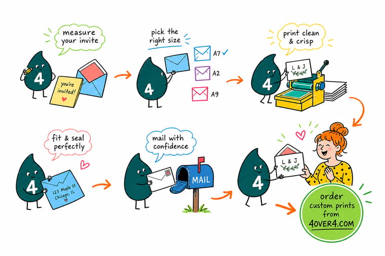 Wally, the 4OVER4 mascot with a 4, sliding a 5 by 7 invitation into an A7 envelope and pointing at the printed return address on the back flap