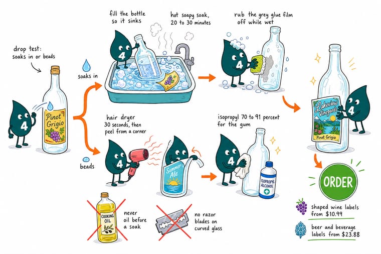 Wally, the 4OVER4 mascot with a 4, holding a bottle under hot soapy water while a paper label slides off in one piece