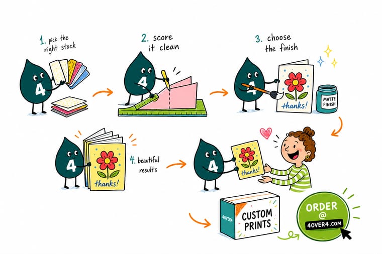 Wally, the 4OVER4 mascot with a 4, pressing a score line into a heavy greeting card before folding it so the spine stays clean
