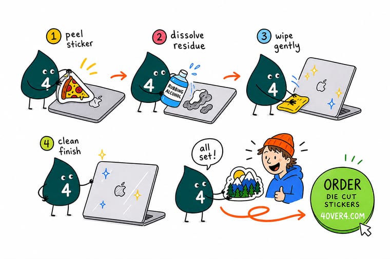 Wally, the 4OVER4 mascot holding a 4, warming a laptop sticker with a hair dryer and wiping the lid clean with a microfiber cloth