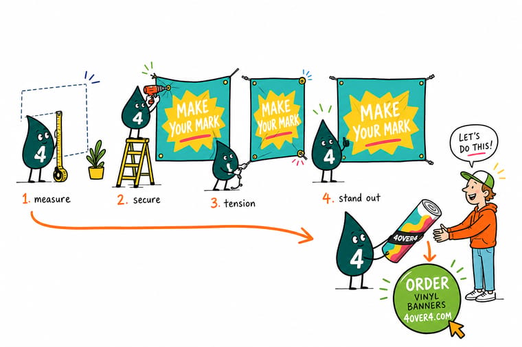 Wally, the 4OVER4 mascot with a 4, hanging a vinyl banner level between two grommets